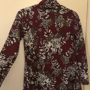 Burgundy Floral Turtleneck Trapeze Dress